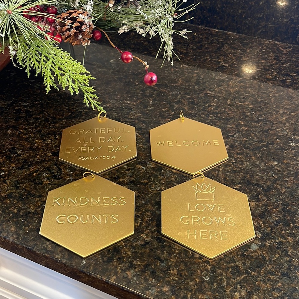 4 Large Double Sided Gold- colored Wreath or Tree Ornaments - religious